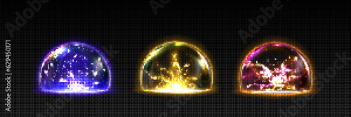 Electric light energy effect ball dome and thunder vector. Lightning and magic bolt power sphere 3d realistic neon discharge element. Abstract plasma storm explosion above protect shield in bubble