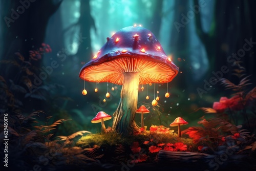 Magic mushroom pattern in fairy tale woods, nature wallpaper. Generative Ai.
