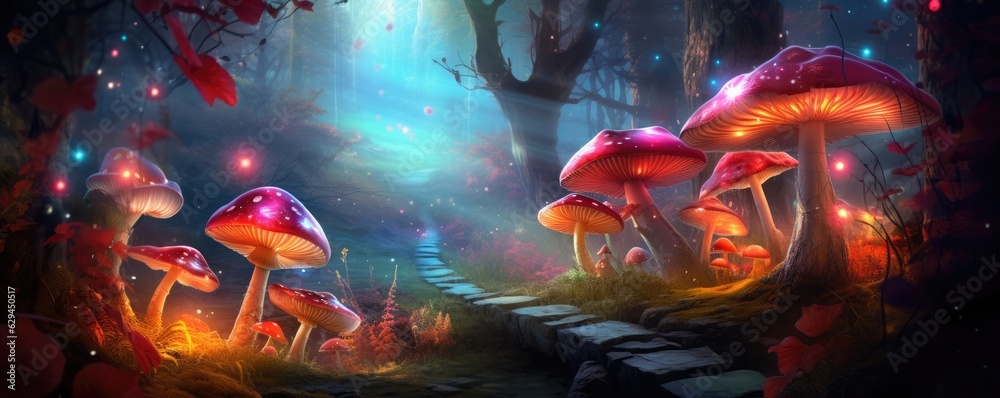Obraz premium Magic mushroom pattern in fairy tale woods, nature wallpaper, panorama. Generative Ai.