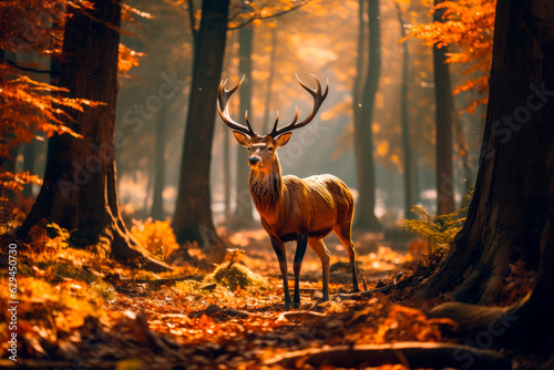 A deer was wandering in the autumn forest, surrounded by trees and warm sun rays