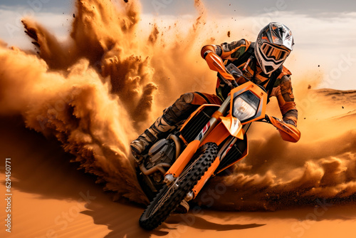 A thrilling action shot of a professional enduro motorcycle rider, turn on sand terrain © graja
