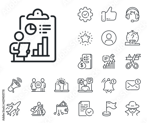 Accounting clipboard document sign. Salaryman, gender equality and alert bell outline icons. Report line icon. Budget info symbol. Report line sign. Spy or profile placeholder icon. Vector