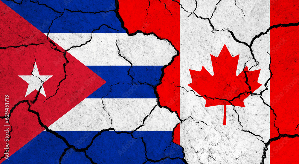 Flags of Cuba and Canada on cracked surface - politics, relationship concept