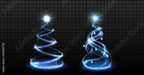 Blue light Christmas tree vector with star sparkle. Merry Xmas magic glow decoration with glitter shine and holiday ornament design isolated on black background. Modern string shiny graphic concept