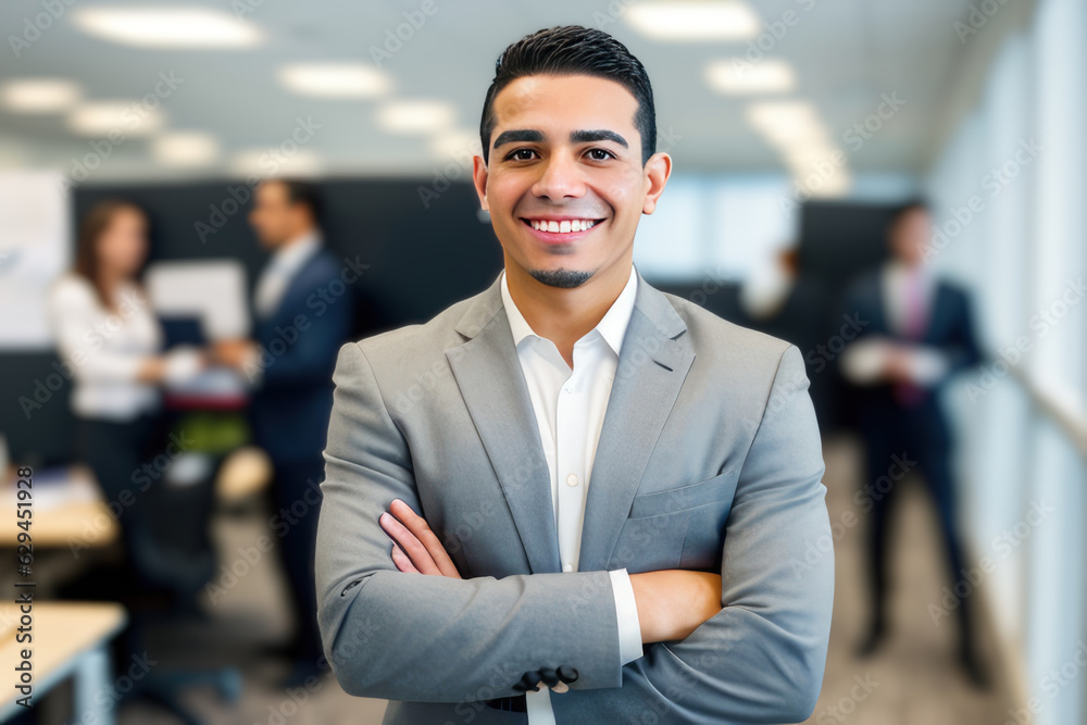 Young smart businessman, standing in blur background of office. generative AI Young smart businessman, standing in blur background of office. generative AI