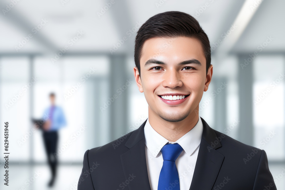 Young smart businessman, standing in blur background of office. generative AI Young smart businessman, standing in blur background of office. generative AI