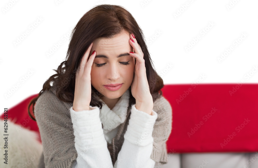 Digital png photo of caucasian woman holding head on transparent background Digital png photo of caucasian woman holding head on transparent background