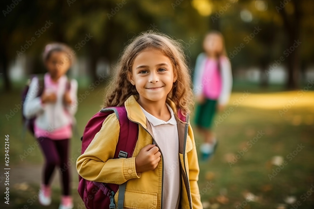 Happy and Smiling Little Girl Carrying a Backpack Wearing Casual Going Back To School Cute Girl Getting On School Bus Happy and Smiling Little Girl Carrying a Backpack Wearing Casual Going Back To School Cute Girl Getting On School Bus