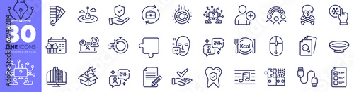 Palette, Gear and Voting ballot line icons pack. Consulting, Calories, Insurance hand web icon. Inspect, Dermatologically tested, Dish pictogram. Article, Puzzle game, Video conference. Vector