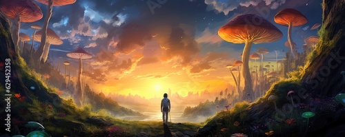 Magic mushroom in the sunny forest with a little boy standing next, panorama. Generative Ai.