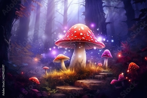 Magic mushroom pattern in fairy tale woods  nature wallpaper. Generative Ai.