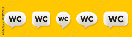 WC tag. 3d chat speech bubbles set. Restroom or toilet icon. Bathroom message. WC talk speech message. Talk box infographics. Vector