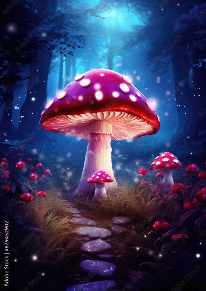 Magic mushroom pattern in fairy tale woods, nature wallpaper. Generative Ai. - obrazy, fototapety, plakaty 