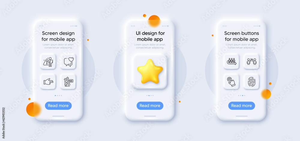 Click hand, Search employee and Heart line icons pack. 3d phone mockups with star. Glass smartphone screen. Cursor, Fingerprint, Social distancing web icon. Fake internet, Queue pictogram. Vector Click hand, Search employee and Heart line icons pack. 3d phone mockups with star. Glass smartphone screen. Cursor, Fingerprint, Social distancing web icon. Fake internet, Queue pictogram. Vector