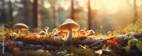 Fresh healthy mushroom in green sunny coniferous forest, panorama. Generative Ai.