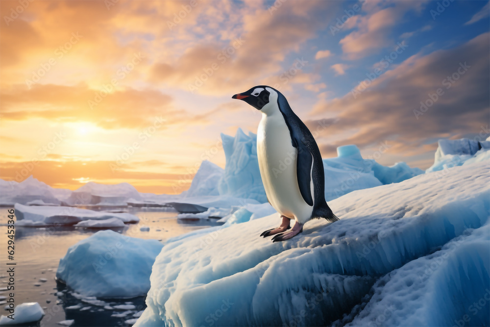Fototapeta premium penguin in the snow with mountains in the background ai generative