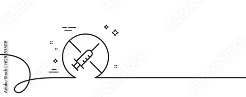 No vaccine line icon. Continuous one line with curl. Stop Vaccination sign. Syringe jab symbol. No vaccine single outline ribbon. Loop curve pattern. Vector