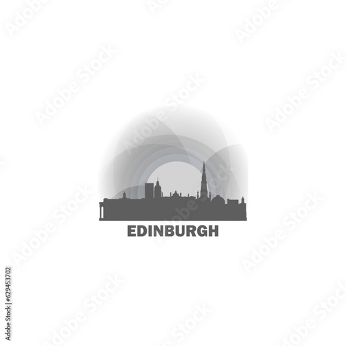  UK Scotland Edinburgh cityscape skyline capital city panorama vector flat modern logo icon. United Kingdom West Central emblem idea with landmarks and building silhouettes at sunset sunrise