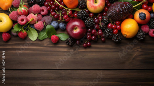Some different fruits lying on a brown table with workspace beside as a tabletop shot. Generative AI.