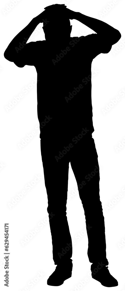 Digital png silhouette of man touching his head on transparent background