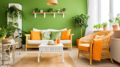 Livingroom with green walls and colorfull pillows on the sofa. Generative AI.