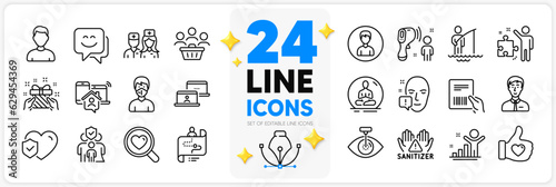 Icons set of Parcel invoice, Headshot and Smile face line icons pack for app with Work home, Clean hands, Face attention thin outline icon. Strategy, Journey path, Fisherman pictogram. Vector