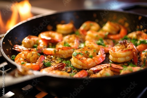 shrimp searing with garlic in a hot skillet