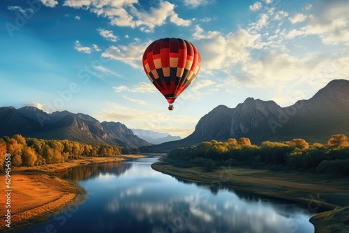 Beautiful view of mountains and lake, aerostat fly hot baloon