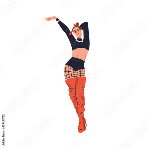 Vogue dancer, young sexy woman. Modern girl dancing, arm and wrist movement, moves. Sassy female performer in fashion erotic apparel. Flat graphic vector illustration isolated on white background