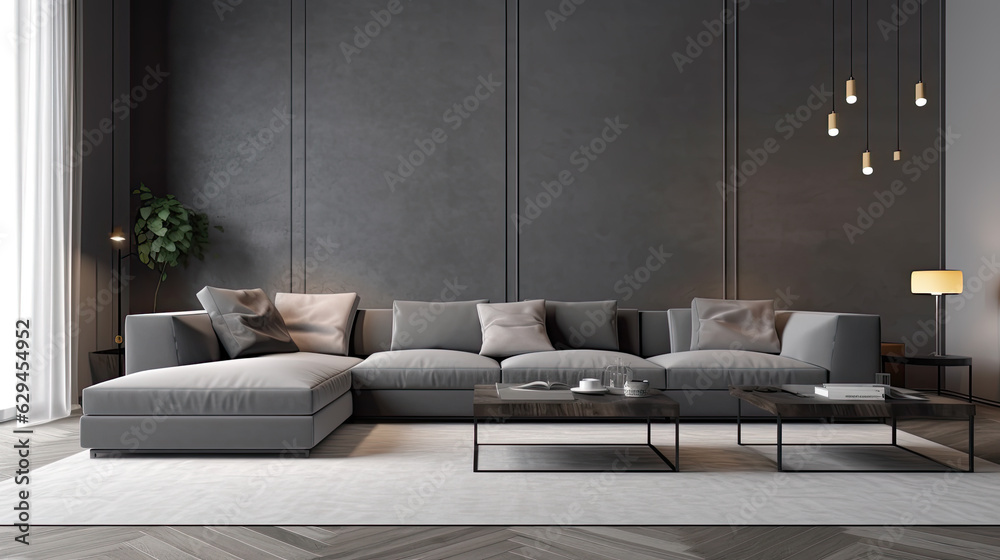 View inside a modern living room with grey walls and a big sofa. Generative AI. View inside a modern living room with grey walls and a big sofa. Generative AI.