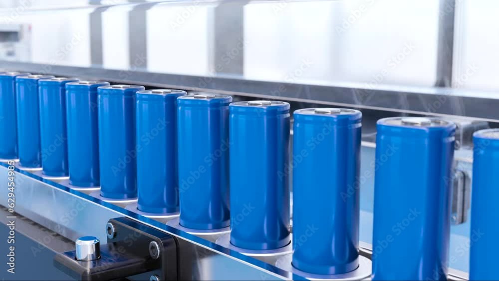 Production line for lithium battery cells for the automotive or e-bike industry. 3d render