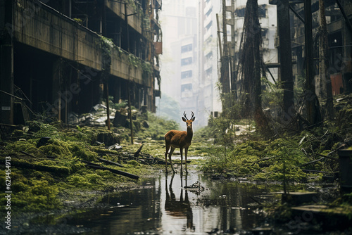 苔むした廃墟と鹿 photo