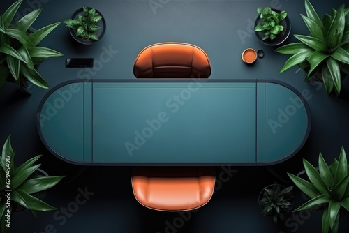 Top view Office desk with office tools, computer laptop on wood table background with copy space. Generative AI