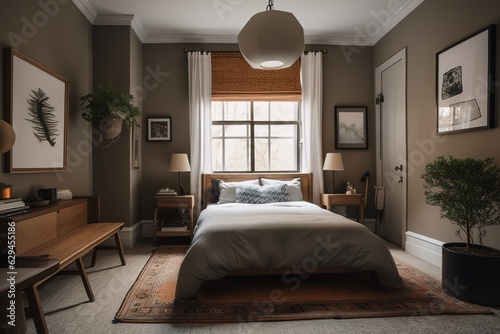 Luxury guest bedroom in vintage scandi styled. Generative AI