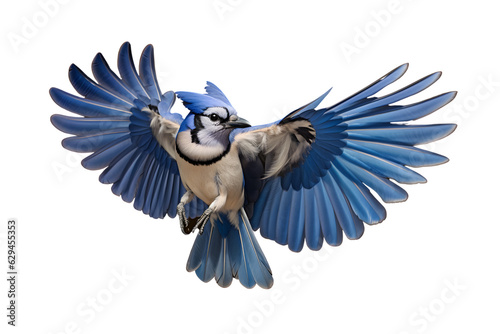 Blue Jay captured mid-flight, with its vibrant blue feathers and striking crest on full display - Generative AI photo