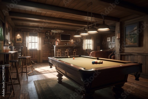 A cozy and rustic cabin-style game room. generative AI © create interior