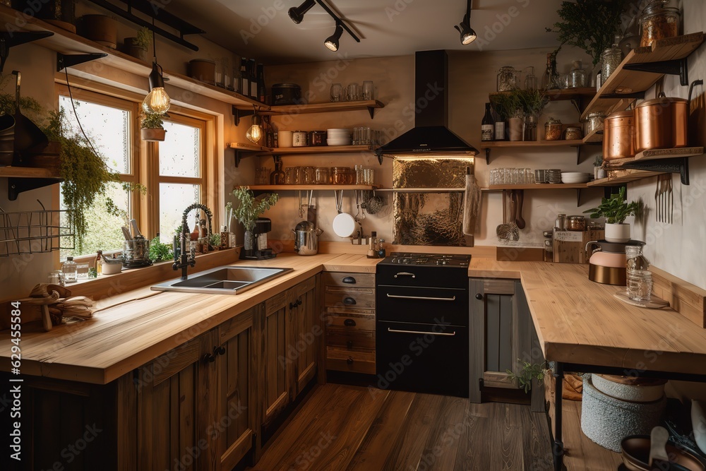 A cozy and rustic cabin-style kitchen.Generated AI A cozy and rustic cabin-style kitchen.Generated AI