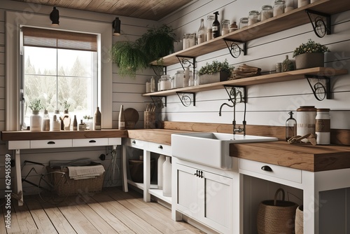  wood minimal laundry room with shelf and plant. Generative AI