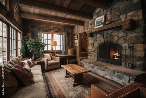 cozy, cabin-style living room with a stone fireplace. Generative AI © create interior