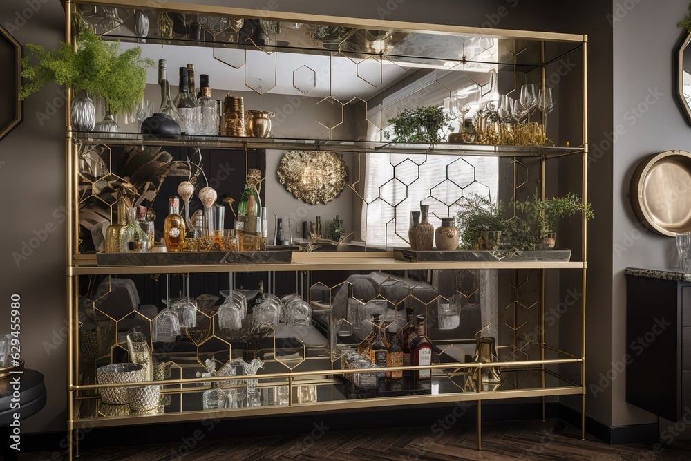 A glamorous and chic bar area with a mirrored. generative AI A glamorous and chic bar area with a mirrored. generative AI