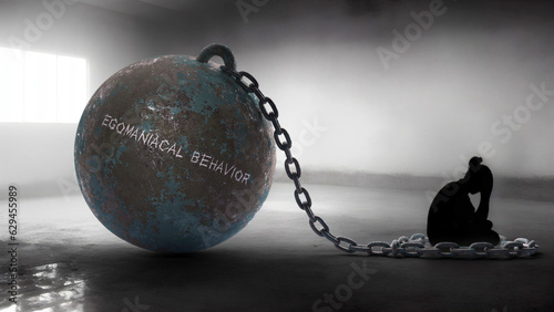 Egomaniacal behavior - a metaphorical view of a woman struggle with egomaniacal behavior. Trapped alone and chained to a burden of Egomaniacal behavior. Constant and strenuous fight.,3d illustration photo