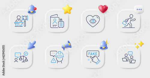 Passport, Businessman run and Auction line icons. Buttons with 3d bell, chat speech, cursor. Pack of Fake information, Builder warning, Meditation eye icon. Teamwork, Lawyer pictogram. Vector