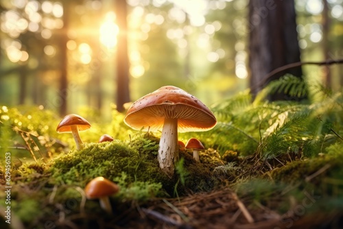 Fresh healthy mushroom in green sunny coniferous forest. Generative Ai.