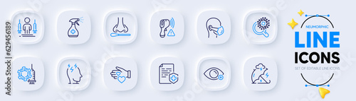Farsightedness, Nasal test and Medical mask line icons for web app. Pack of Stress protection, Coronavirus injections, Stress pictogram icons. Medical certificate, Electronic thermometer. Vector