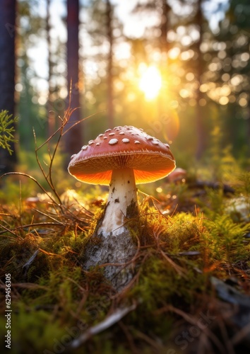 Fresh healthy mushroom in green sunny coniferous forest. Generative Ai.