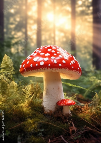 Fresh healthy mushroom in green sunny coniferous forest. Generative Ai.