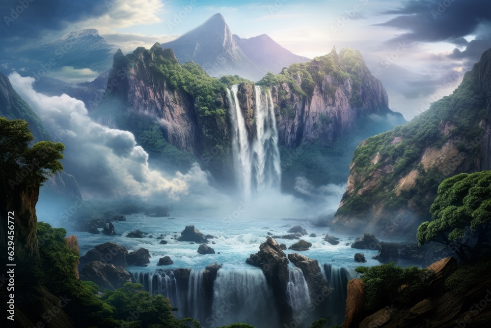 a beautiful waterfall in a mountainous area. the beauty of nature. generative ai.