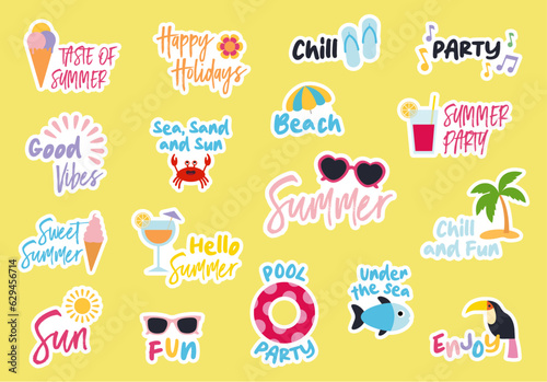 Pack of stickers for summer with words. Summer theme, colorfull an fun stickers. Vector illustrations of beach, ice cream, sea, sun, parrot, cocktail., party...