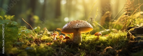 Fresh healthy mushroom in green sunny coniferous forest, panorama. Generative Ai.