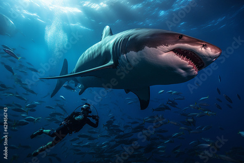 Fearless diver man swimming nearby giant white shark underwater. Dangerous risky scuba diving. Ai generated